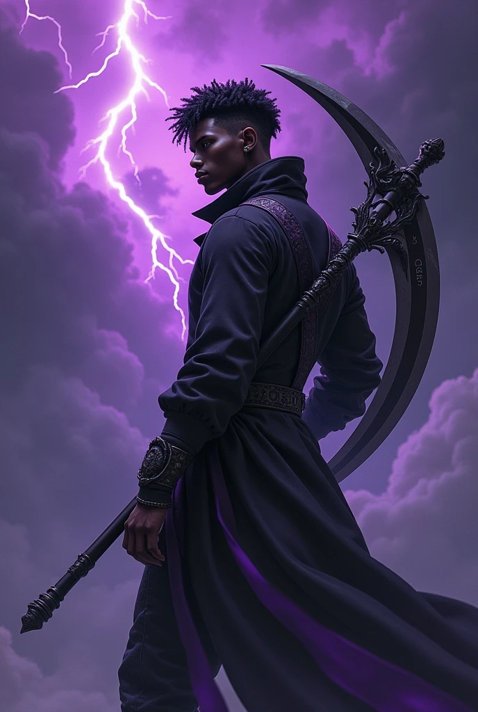 create a jujutsu kaisen character, dark-skinned, curly hair, with time manipulation and a scythe on his back, masculine, dark clothes with purple stripes