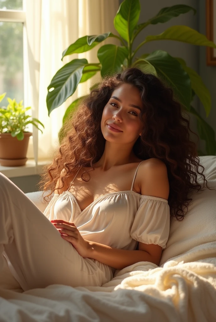 (photorealism:1.2), beautiful woman, sitting on bed, wearing loose off-shoulder top, pajama pants, long curly hair, indoors, soft lighting, plants in background, window with sunlight, cozy room, relaxed pose, realistic, intricate details, warm colors, by Greg Rutkowski, by Alphonse Mucha