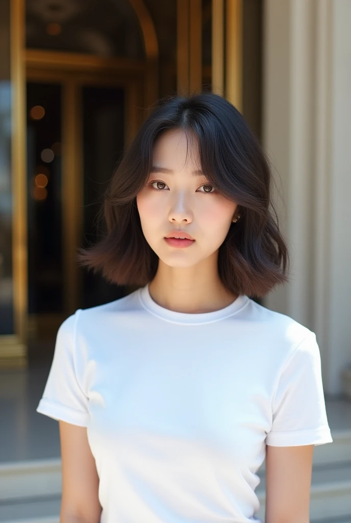 Wolf Hairstyles、Layered hairstyle、Light hairstyle、Inward curled hair、Semi-long hairstyle that reaches below the collarbone、Very bright natural light、In front of a luxury building、White T-shirt、K POPアイドル風な顔、Natural Makeup、Soft dark hair color、Adult atmosphere