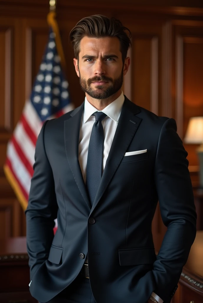 Man, handsome, perfect, brown hair, beard, virile, muscles, elegant, wearing elegant suit, rich, gorgeous, psychopath facial expression, tall, photography, great lighting, 4k, realistic, detailed, good quality, ultra realistic, luxurious office background with US flag. sitting, CEO, powerful, strong.