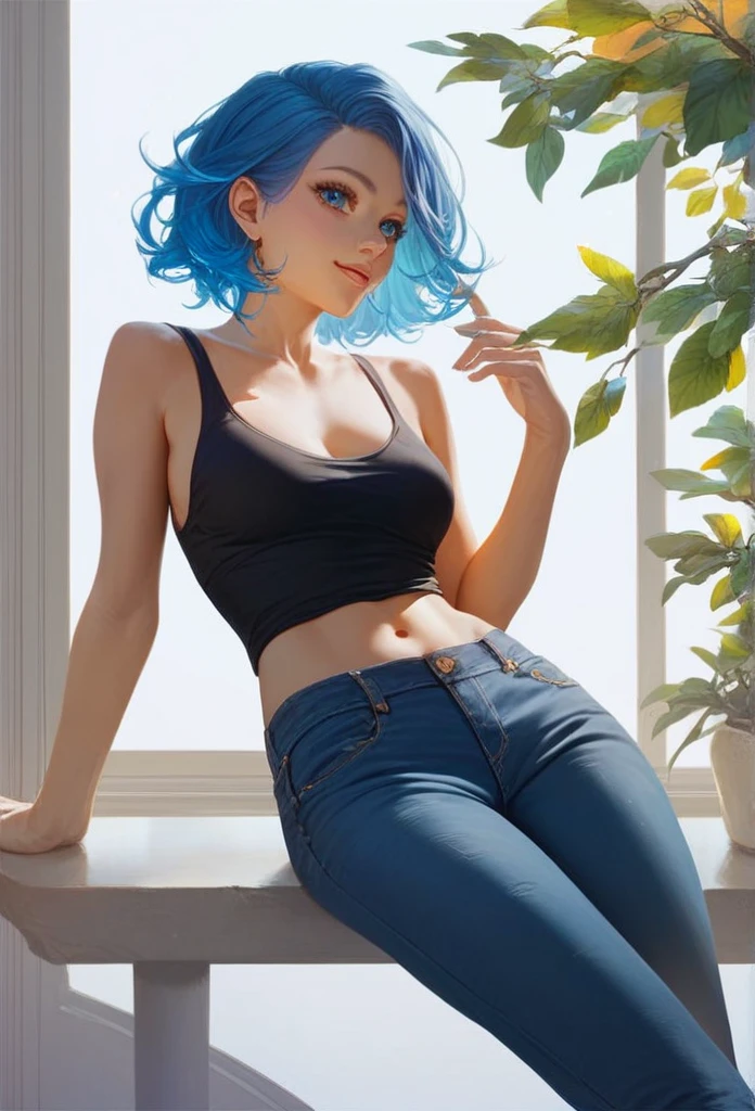 Eve, 19 year old skinny young woman long blue hair. Look blue. Wearing jeans and a black tank top. It&#39;s in an airport, sobbing 