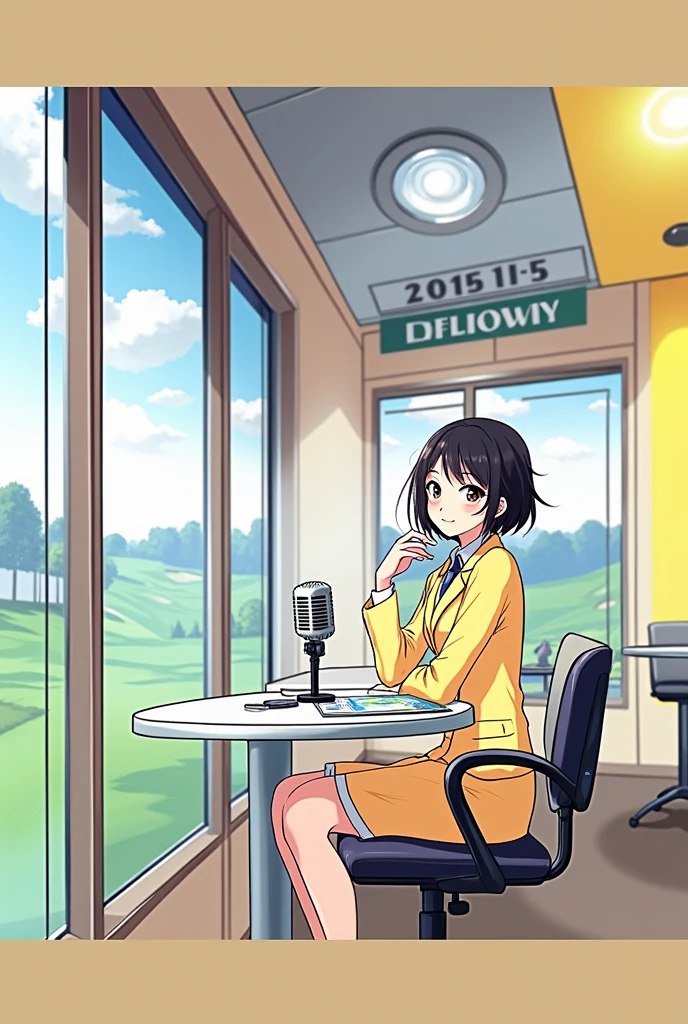 high resolution　Photorealistic　Booth with window　The background is a golf course　Microphone on the table　A Japanese female announcer giving a commentary　Yellow Jacket　Short black hair　Age: 30　beautiful　smile　The angle is the front　looking at the camera　