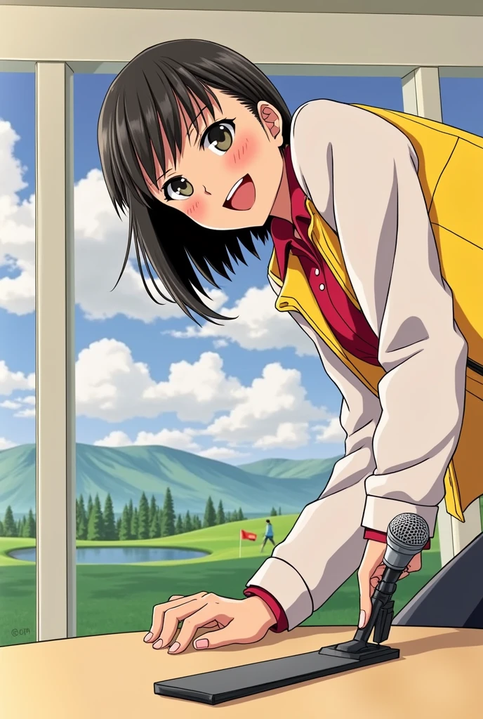 high resolution Photorealistic Booth with window The background is a golf course Microphone on the table A Japanese female announcer giving a commentary Yellow Jacket Short black hair Age: 30 beautiful smile The angle is the front looking at the camera