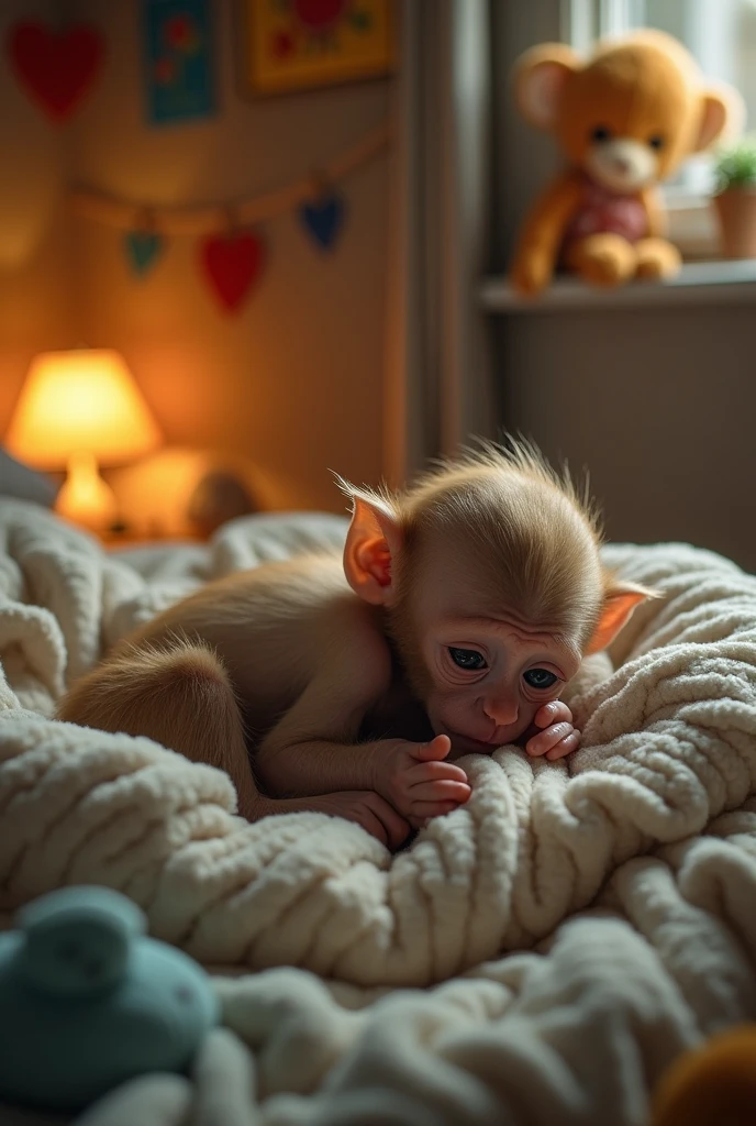 A little monkey, desperate from the severity of the pain, sleeps on a bed. Full picture, fine details.