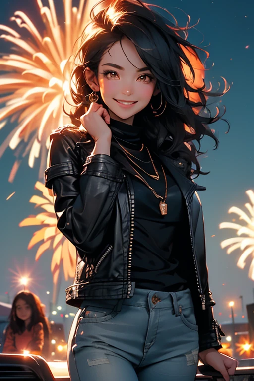 Perfect face. Perfect hands. A black haired woman with orange eyes in a leather jacket and jeans is watching fireworks at a farmer's market with a big smile at night