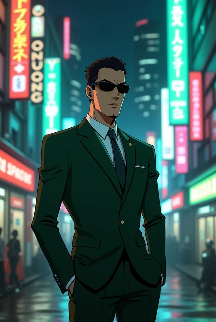 I want you to create an image of agent six from the generator rex series, a 32 year old asian guy,with green suit,White shirt,sunglasses, negro,black hair has no strands of hair ,you can't see his eyes because of his sunglasses,is thin,In the drawing version of Bl love is an illusion of fargo Omega verse would be Omega