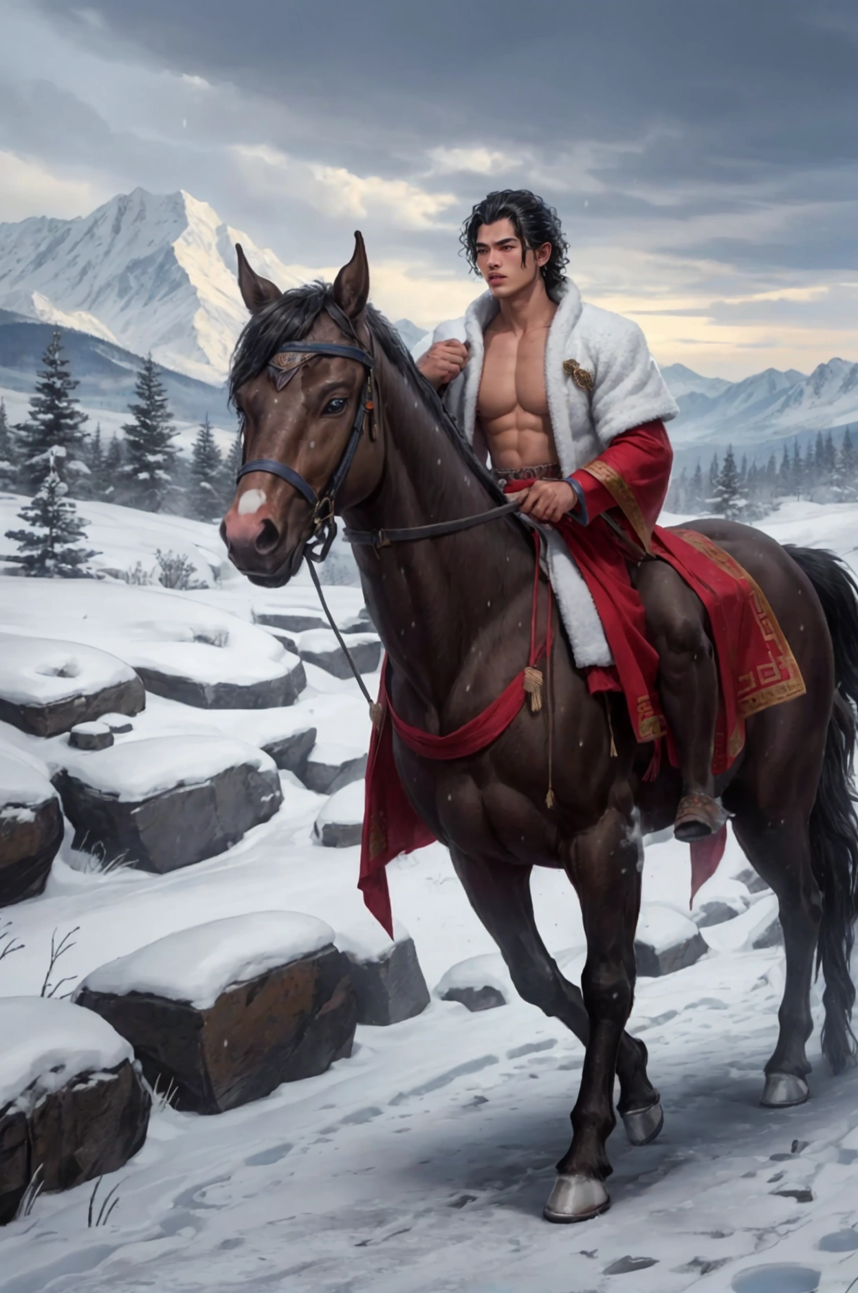 a realistic boy in native Tibetan clothing, short curly hair, very handsome full body wusia, male warrior, hansome japnaese demon boy, akira from chinese mythology, powerful body, shirtless warrior,holding a bow, walking with a horse through a snowy storm, highly detailed, 8k, photorealistic, detailed face, beautiful eyes, long eyelashes, detailed lips, detailed clothing, snowy landscape, blowing snow, cold atmosphere, warm lighting, dramatic sky