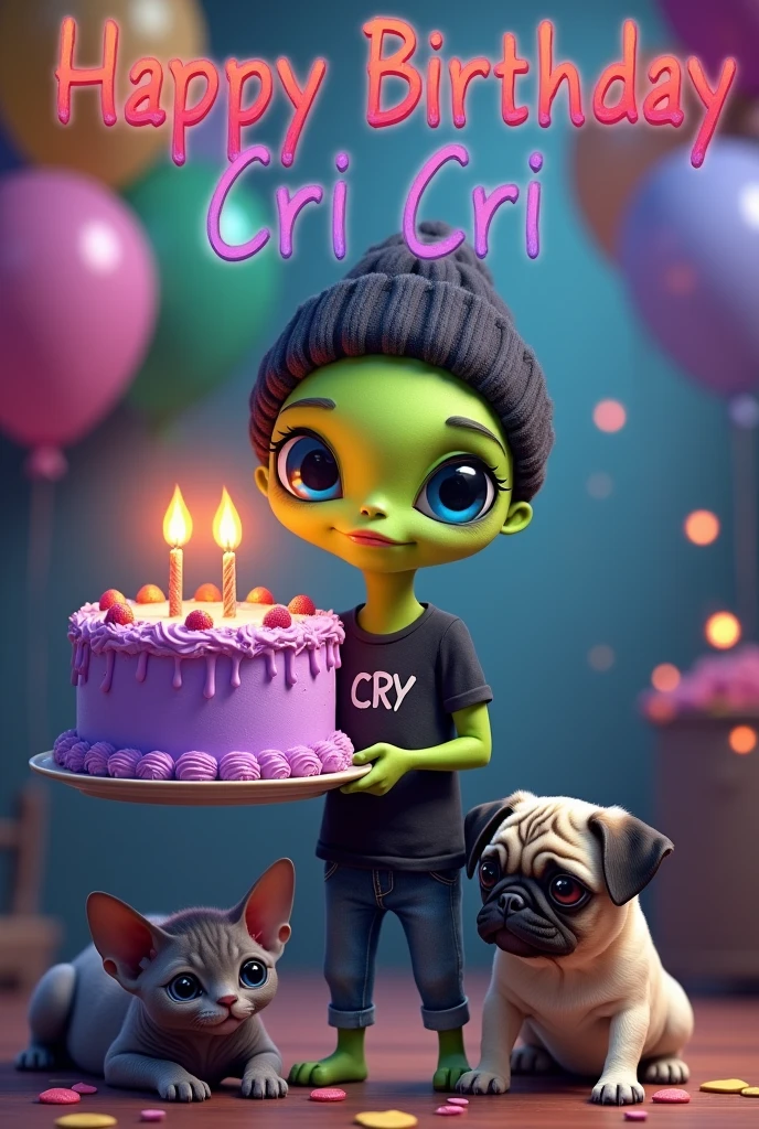 small green male alien, sonrriendo, with a tender face, blue eyes, dressed in a black beanie, Black t-shirt with the name CRY, with a purple cake with a 25th birthday candle, accompanied by a gray Sphynx cat and a pug dog, with large text at the top that says happy birthday Cri Cri,  background of a gamer setup, realistic, intricate details.