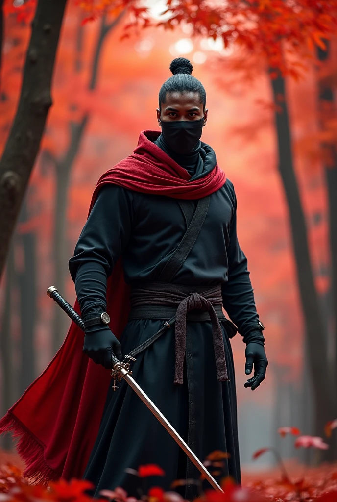Black man. Forest of trees with red leaves. Holding a whip. Wearing a robe and have a red scarfon fire. In a black ninja suite.