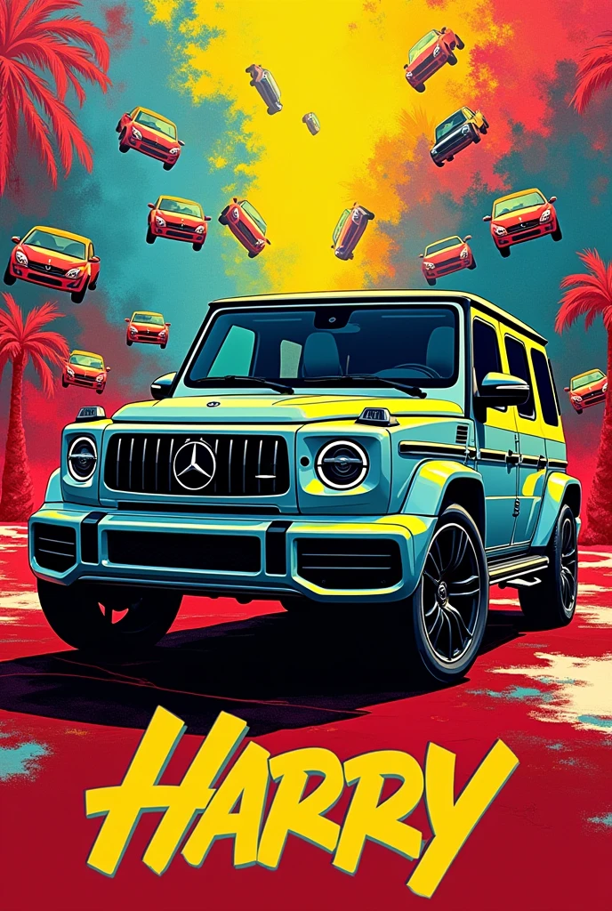 A painting of a G63 surrounded by smaller G63s, a pop art painting, pop art, red yellow blue, stunning image, backdrop, red and teal and yellow, stunning design, flirtatious, love os begin of all, harry, the best ever