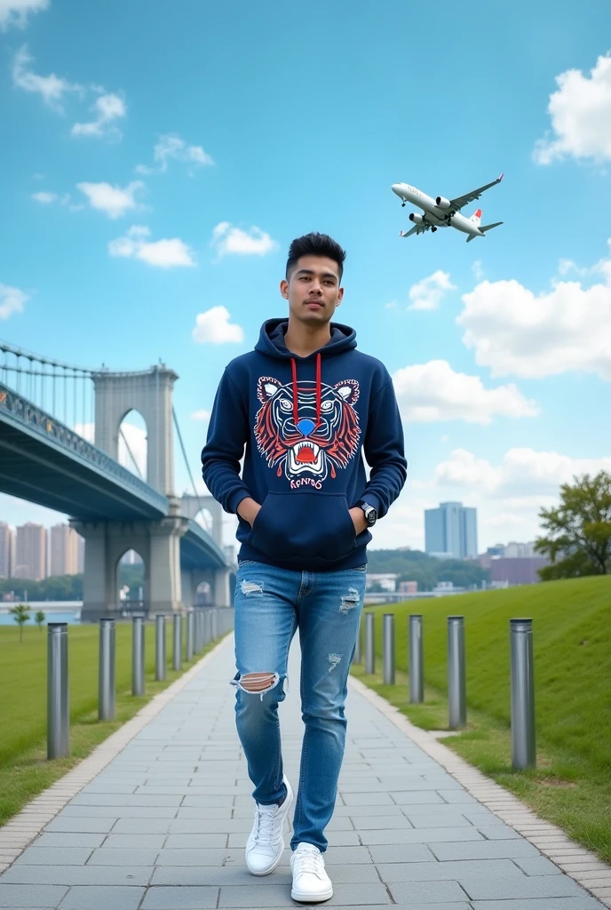 Please make me a photo of an Asian man standing in the middle of a paved walkway with his hands in his pockets. The individual was wearing a navy hoodie with a tiger design and the word "KENZO" on it, as well as blue ripped jeans and white sneakers, wearing an iPhone smartwatch on his left hand. Behind the individual, there is a bridge on the left and a bright blue sky with clouds scattered over it. The plane is seen in the sky on the right. This arrangement appears to be in a city park or pedestrian path due to the presence of metal bollard poles on the side of the road, well-maintained lawn areas, and modern infrastructure.