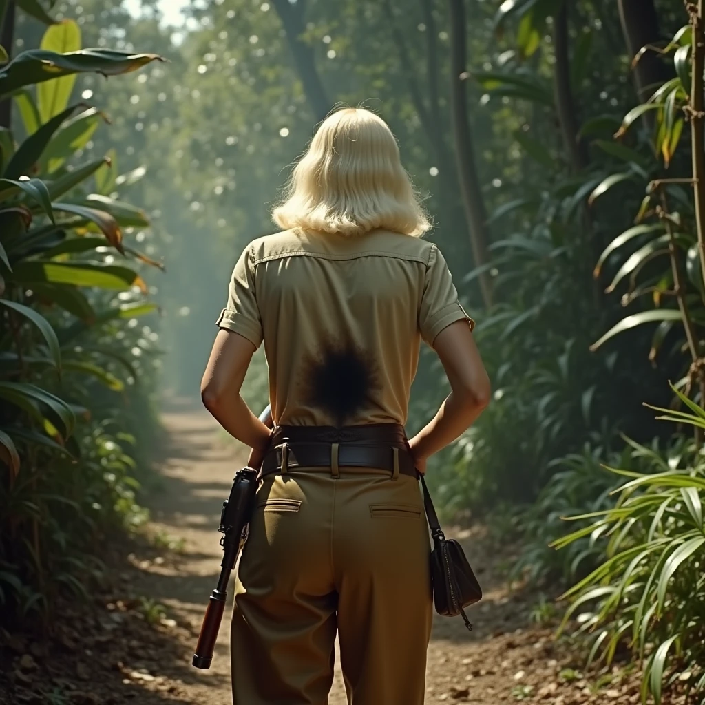We see her from behind, A hilarious cinematic scene from the 1940s features a young actress, resembling Doris Day, dressed as a poacher in the heart of the jungle. She is bent over, wearing long pants and a hunter's shirt, holding a rifle, and has a big hole in her pants with charred marks and smoke emanating from her rear. With her platinum blonde hair short and sleek, she appears to be around 30 years old. In a moment of slapstick comedy, she screams in pain, eyes and mouth wide open, revealing the massive hole in her pants from a shotgun accident. The scene is captured in stunning 4K high definition, with the jungle as a backdrop and a comedic tone throughout., cinematic
