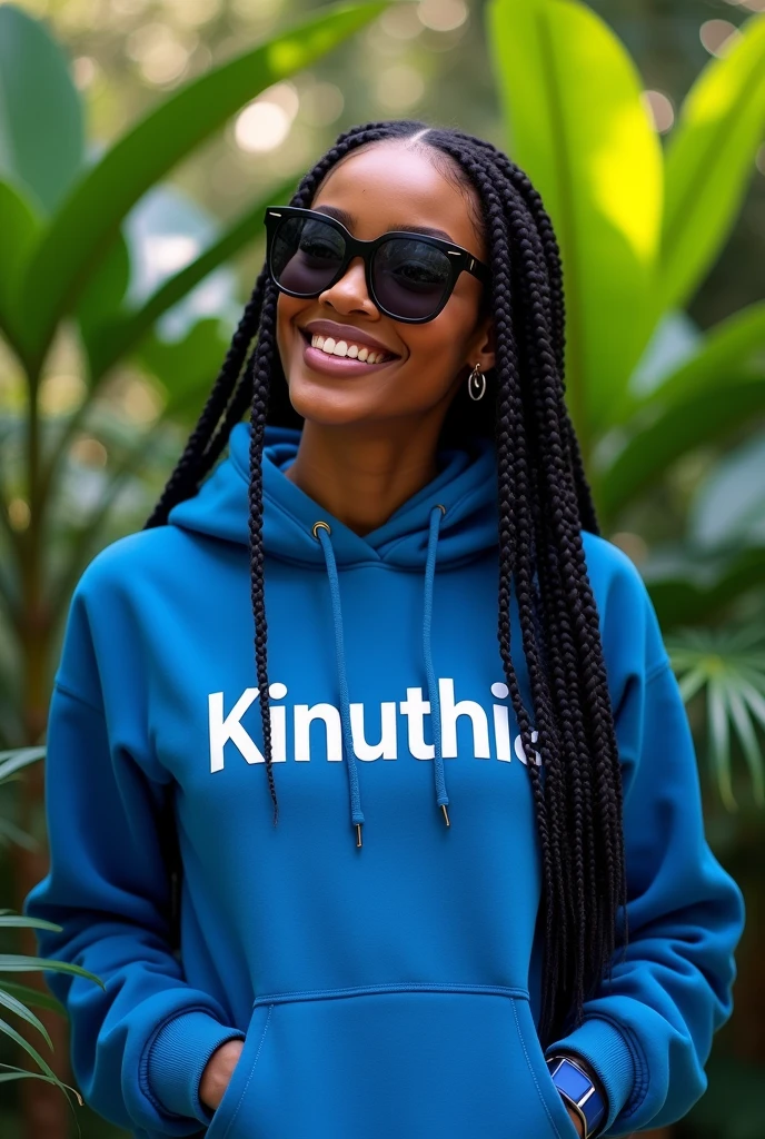 (photorealism:1.2), beautiful black African woman,22 years,sharp boobs, wearing a fitting blue hoodie written "Kinuthia",smiling,long braids, black oversized photo chromatic glasses, standing , plants in background Rihanna inspiration