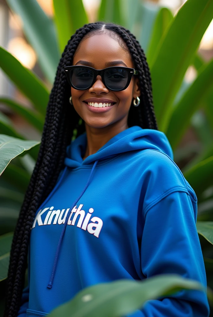 (photorealism:1.2), beautiful black African woman,22 years,sharp boobs, wearing a fitting blue hoodie written "Kinuthia",smiling,long braids, black  oversized photo chromatic glasses, standing , plants in background Rihanna inspiration 