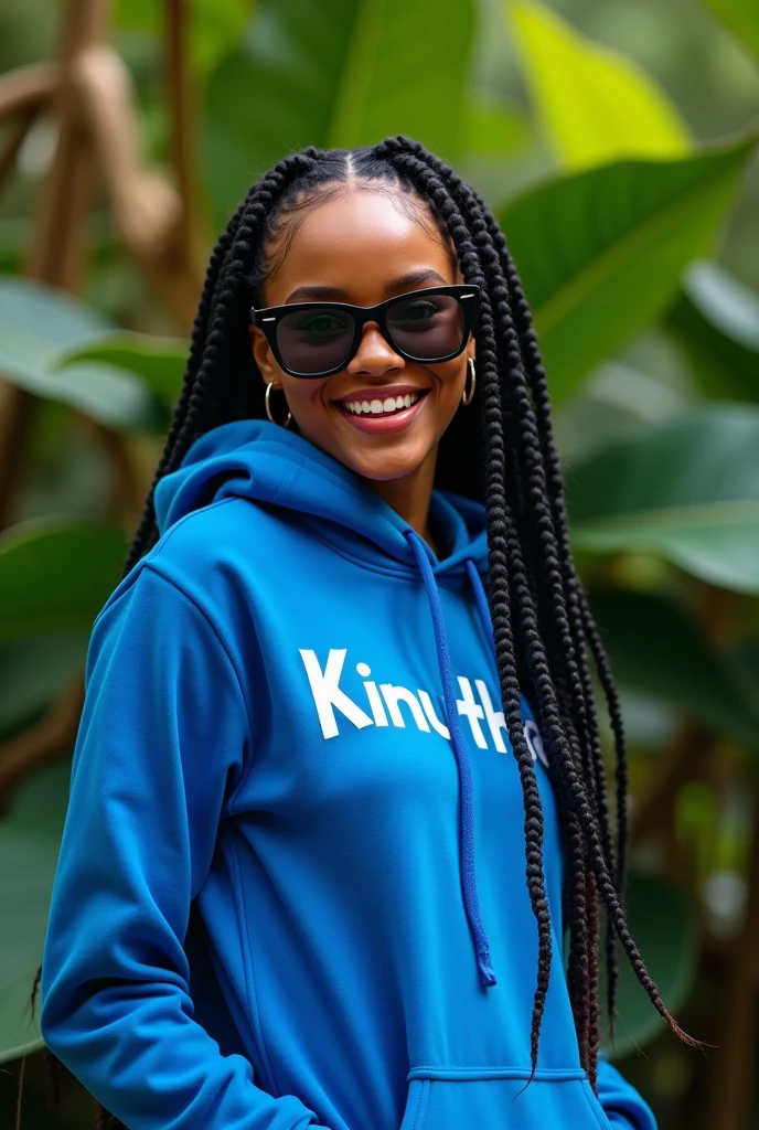 (photorealism:1.2), beautiful black African woman,22 years,sharp boobs, wearing a fitting blue hoodie written "Kinuthia",smiling,long braids, black  oversized photo chromatic glasses, standing , plants in background Rihanna inspiration 