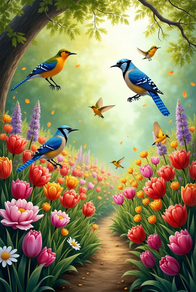 Colorful flower garden with birds