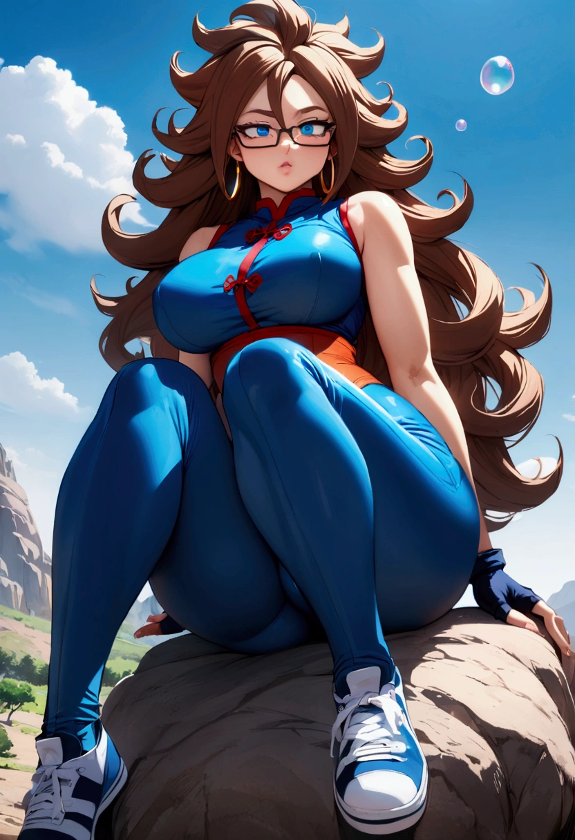 Android 21 from dragonball brown hair, long hair, curly hair, blue eyes, hoop earrings, wide hips, big ass, glasses, blue budysuit, sleeveless, unitard, Chinese clothing, blue sneakers, alone, corset, teasing, bored expression, bend knees, curvy, bubble butt, solo focus, sitting on rock, solo female, squashing thighs, fingerless gloves, grabbing thighs,