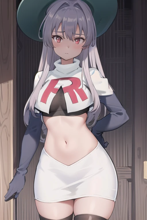 best quality, (masterpiece:1.2), illustration, absurdres,
(1girl, solo), (beautiful detailed girl),
Aeolia, lilac hair, long hair, red eyes, medium breasts,
green hat, hat with feather ornament, team rocket,team rocket uniform,white skirt,red letter R,crop top,black thigh-highs,black elbow gloves
looking at viewer,
