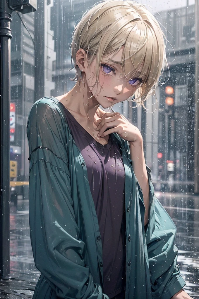 ((Nighttime, very dark image, very little light)), ((gorgeous purple eyes)), Very short hair, ((Highly detailed, extreme detail, amazing art)), raining, heavy rain, dark, midnight, 1girl, soaking wet drenched, wearing nothing but a pyjama shirt, shirt caramel-blonde hair, depressed, soaking wet hair, hair sticking to her face, heavy rain, thunderstorm, teal pyjama top, naked, petit chest, very short hair, buttoned up pyjama top, bare legs, no underwear, very dark night time, black sky, the only source of light is a single amber street light, no light, dark background, miserable, sad, crying, buttoned pyjama shirt, slightly transparent pyjama shirt, 
