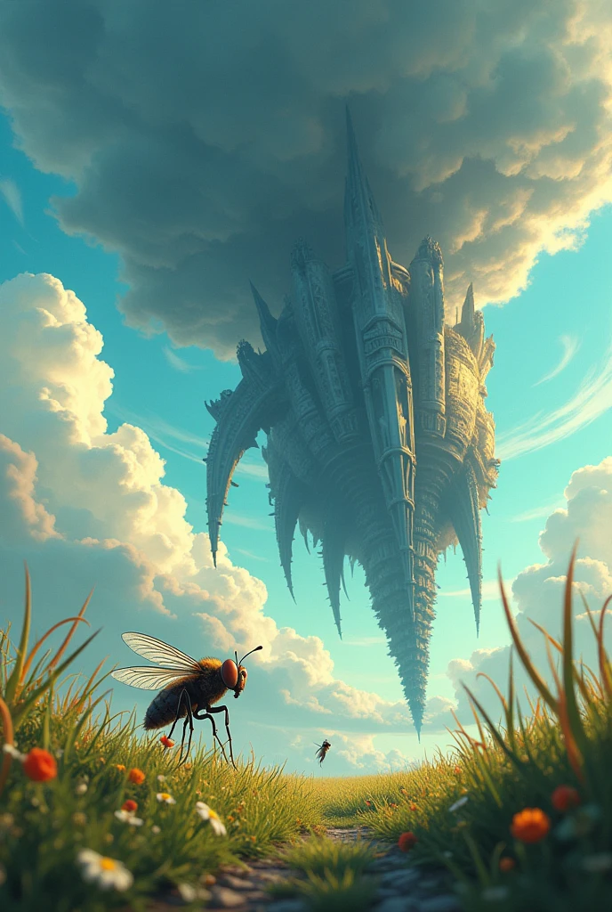 (work of art, best qualityer, 8k, highy detailed, Ultra-detailed illustration), Giant Weapon, Um gigante, very high, immense, A fly about to be swatted by a fly swatter, From the fly's point of view