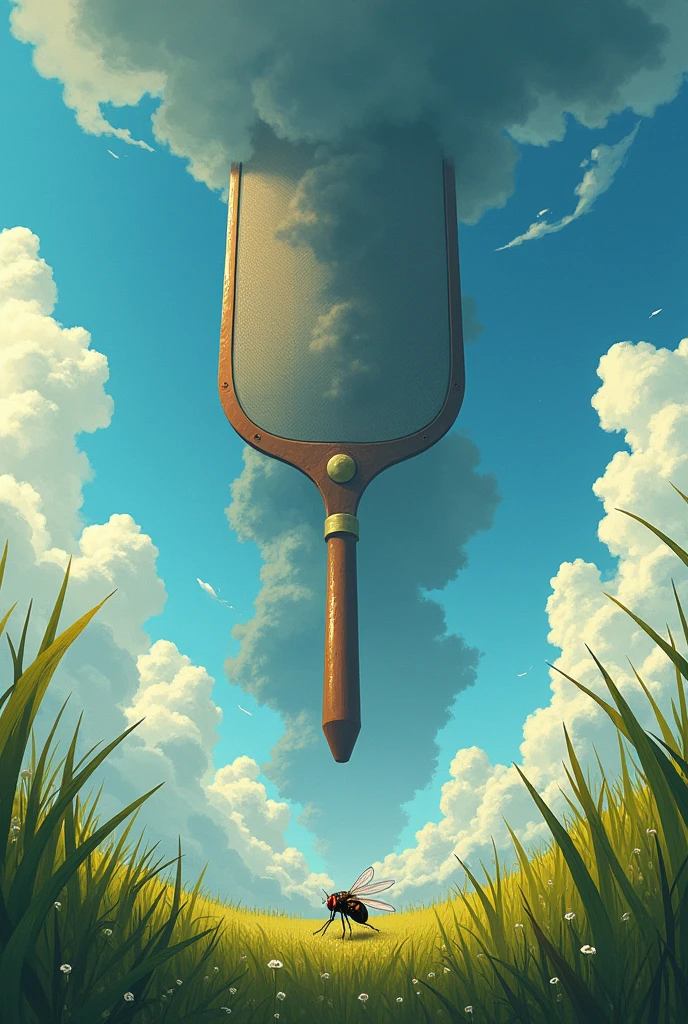 (work of art, best qualityer, 8k, highy detailed, Ultra-detailed illustration), Giant Weapon, Um gigante, very high, immense, A fly about to be swatted by a fly swatter, From the fly&#39;s point of view