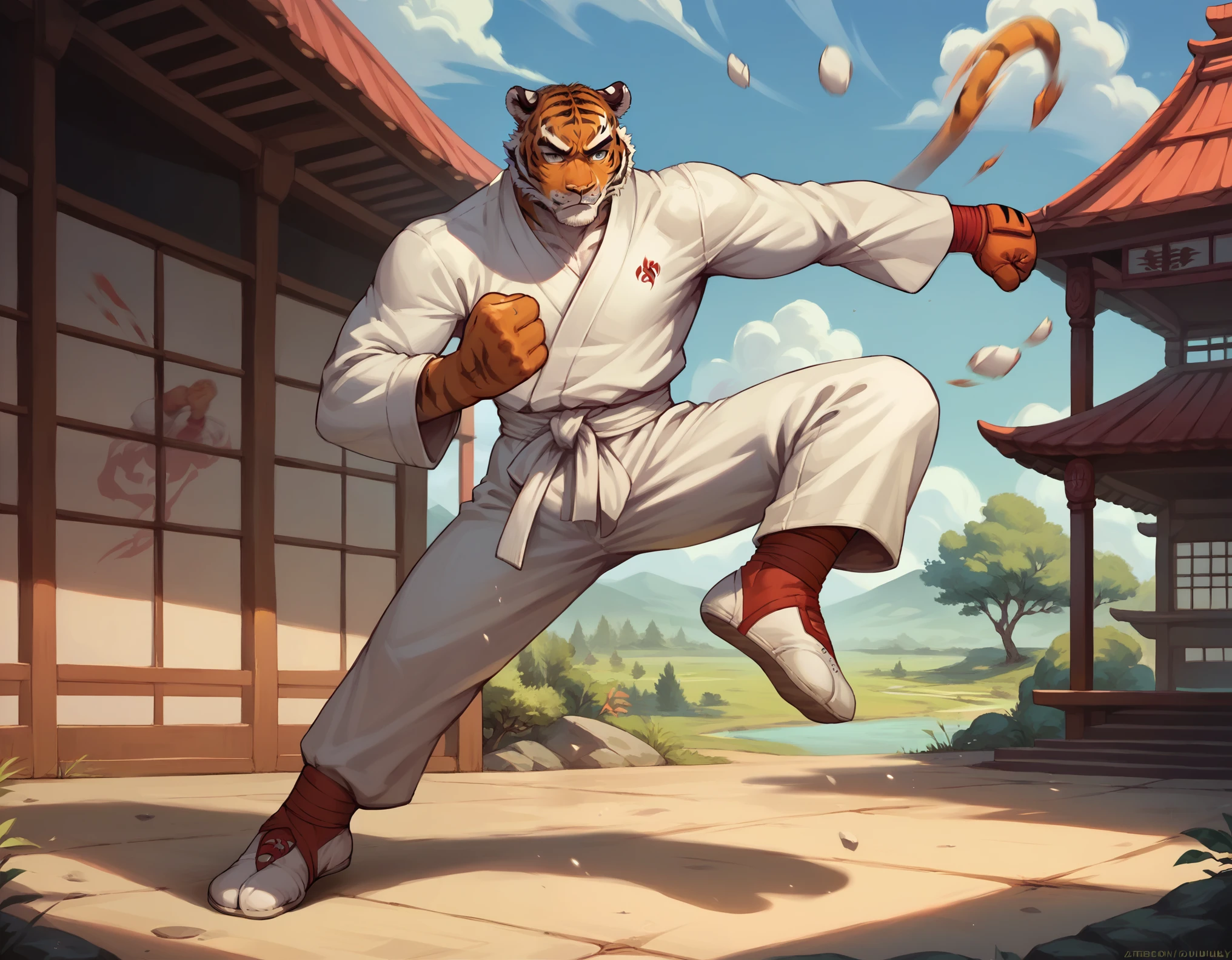 (1boy, solo), (boy is fighting, flying kick. (Tiger's head:1.0), muscular, bulky, detailed face, karate suit), (full body), (scenery dojo)