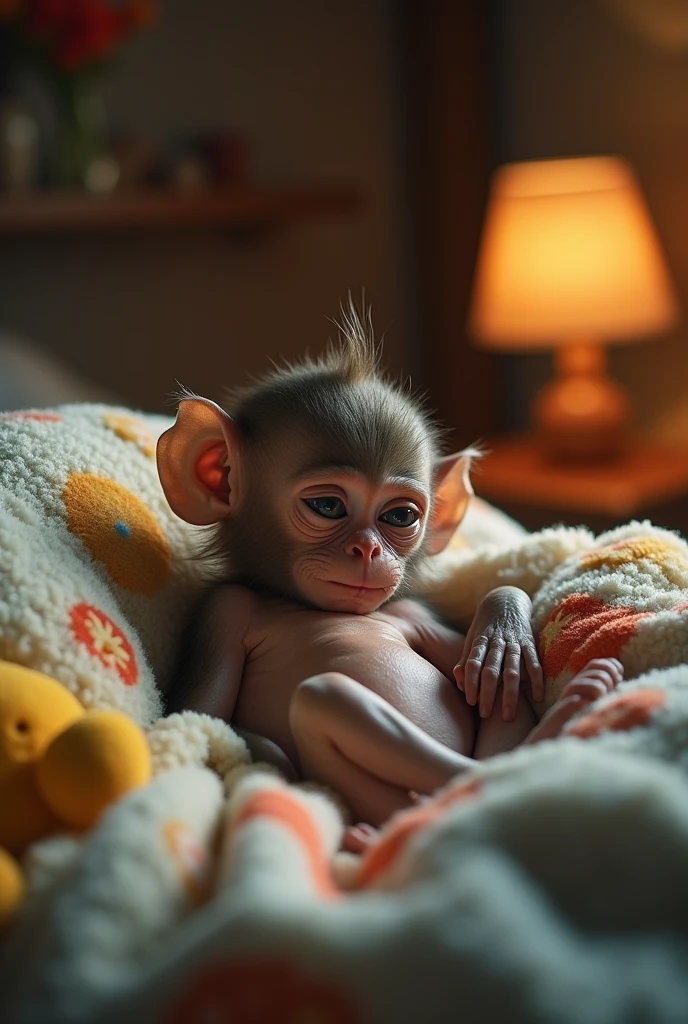 A little monkey, desperate from the severity of the pain, sleeps on a bed. Full picture, fine details.