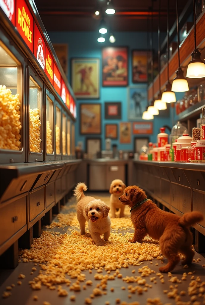 A kitchen of cinema, that has popcorn, dogs and others, 