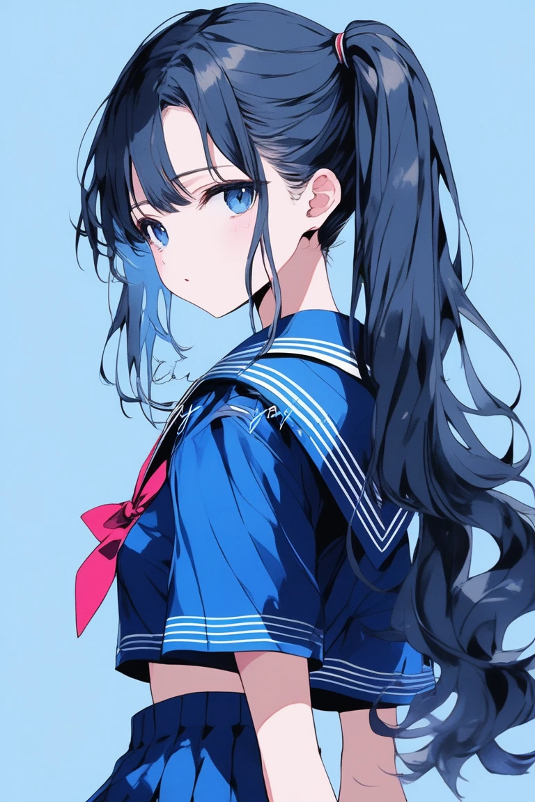 ((masterpiece,Highest quality)), 8k, anime , Realistic ,sketch, anime風のポートレート, 黒猫を連れたanimeの女性, 18-year-old, Blue gradient background, High school girl sailor uniform, Short skirt, Panties are visible, Neon Ponytail Hair, lip, Texture Trim, Japanese, whole body, (masterpiece,Highest quality)