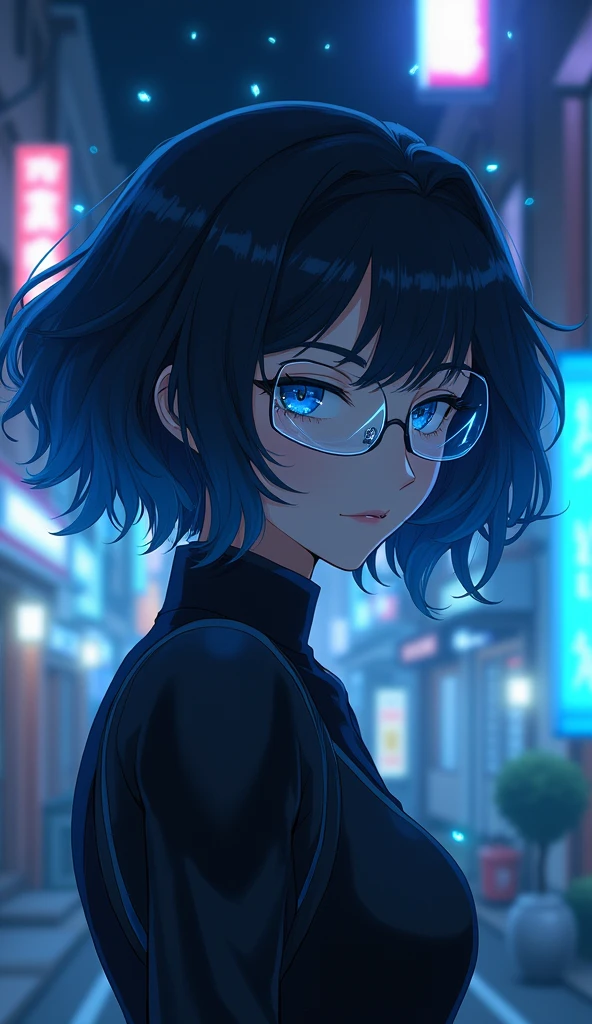 Screenshot of anime Boku no Hero Academia young woman of 25 years old with mature features, half body profile, with short, soft wavy black hair turning white and blue squinty triangular eyes with shooting star shaped pupils shining, lips parted,, wearing a black combat suit, sky blue translucent glasses hacking the system, sparks of blue energy, at night, In a dark alley, high quality, (RAW photo, best quality), (realistic, photorealistic: 1.4), (extremely delicate and beautiful: 1.4), amazing, fine details, masterpiece, ultra detailed, high resolution, best illustration, best shadow, intricate, ( extremely intricate: 1.2), (exquisitely detailed skin), cinematic light, perfect anatomy, (cool color: 1.4), sharp focus, 8k UHD, DSLR, (Fujifilm XT3), (medusas gigantes volando en el aire brillante :1.4),( medusa grandes :1.4), Epic Fantasy Art Style HD, 4K fantasy art, epic fantasy digital art style, epic fantasy art style, Fantasy Woman, epic fantasy art portrait, Epic fantasy style, hyperrealistic fantasy art, hd fantasy art, Epic fantasy character art, epic fantasy art, in style of dark fantasy art, epic fantasy digital art