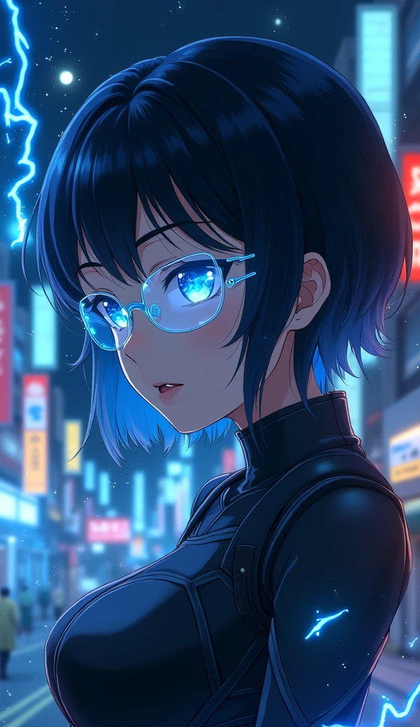 Screenshot of anime Boku no Hero Academia young woman of 25 years old with mature features, half body profile, with short, soft wavy black hair turning white and blue squinty triangular eyes with shooting star shaped pupils shining, lips parted,, wearing a black combat suit, sky blue translucent glasses hacking the system, sparks of blue energy, at night, In a dark alley, high quality, (RAW photo, best quality), (realistic, photorealistic: 1.4), (extremely delicate and beautiful: 1.4), amazing, fine details, masterpiece, ultra detailed, high resolution, best illustration, best shadow, intricate, ( extremely intricate: 1.2), (exquisitely detailed skin), cinematic light, perfect anatomy, (cool color: 1.4), sharp focus, 8k UHD, DSLR, (Fujifilm XT3), (medusas gigantes volando en el aire brillante :1.4),( medusa grandes :1.4), Epic Fantasy Art Style HD, 4K fantasy art, epic fantasy digital art style, epic fantasy art style, Fantasy Woman, epic fantasy art portrait, Epic fantasy style, hyperrealistic fantasy art, hd fantasy art, Epic fantasy character art, epic fantasy art, in style of dark fantasy art, epic fantasy digital art