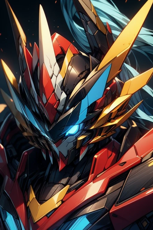 Masterpiece, high quality, Black mecha super robot, glowing cyan eyes, very long cyan hair, close up, humanoid face,
