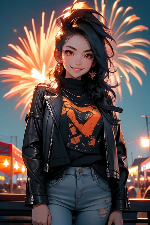 Perfect face. Perfect hands. A black haired woman with orange eyes in a leather jacket and jeans is watching fireworks at a farmer's market with a big smile at night