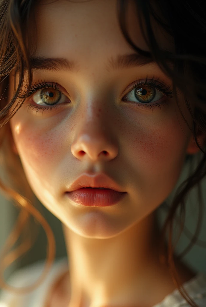 (8k, HDR, high resolution), ((((fot, CRU photo, Hyper-Realism, work of art, best qualityer, ultra high resolution)))), (pin light, contra-luz, backlight, cinematic light), sharp focus:1. 4, (hyper detail, finely detailled), face close up, close up,, 1 girl, Egg-shaped face with cat eyes, small, full lips, Straight and cute nose, slightly flushed cheekbones, thick eyebrows and long, beautiful eyelashes.