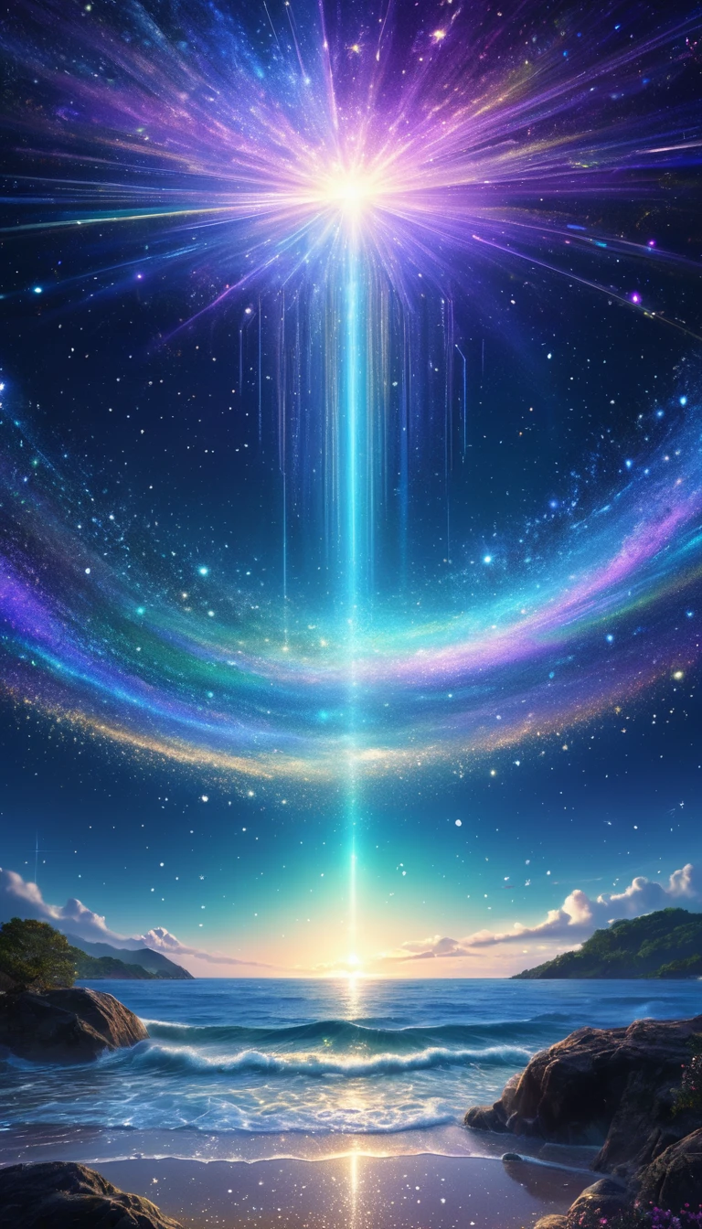starry sky, sea of stars, galaxy, iridescent star dust, rays line effects, glitter effects, conceptual installation fantasy art, (ultra detailed, absolutely resolution, best quality:1.3), 2.5D, delicate and dynamic, artistic, hyper, graphic CG digital art