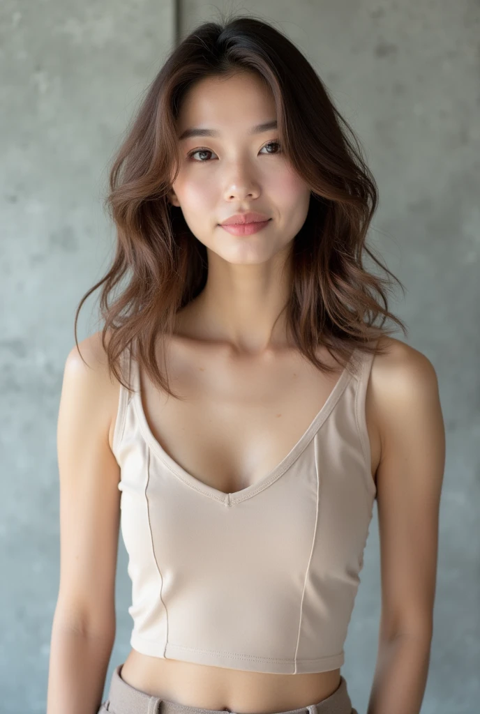 Cool Beauty、Beautiful Japanese、糸のようHair、Semi-long, reaching up to the collarbone and chest、Beige Brown Hair Color、Tapered ends、Less hair volume、The body is oblique、The gaze is on the camera、smile、Beige cut and sew、Has a sharp gaze、Clear and straight nose、Background is simple concrete、Lightweight hairstyle、gloss々Hair