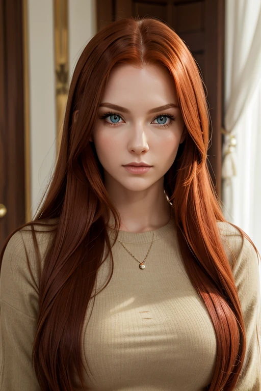 Young woman mother, Authoritarian, look of superiority, long red hair, greeneyes, sexy and robust body. She is wearing casual clothes. Serious expression of superiority, leadership posture, She has an aura that exudes certainty, confidence, leadership, she is serious without being cold and cute.. Home scenario.