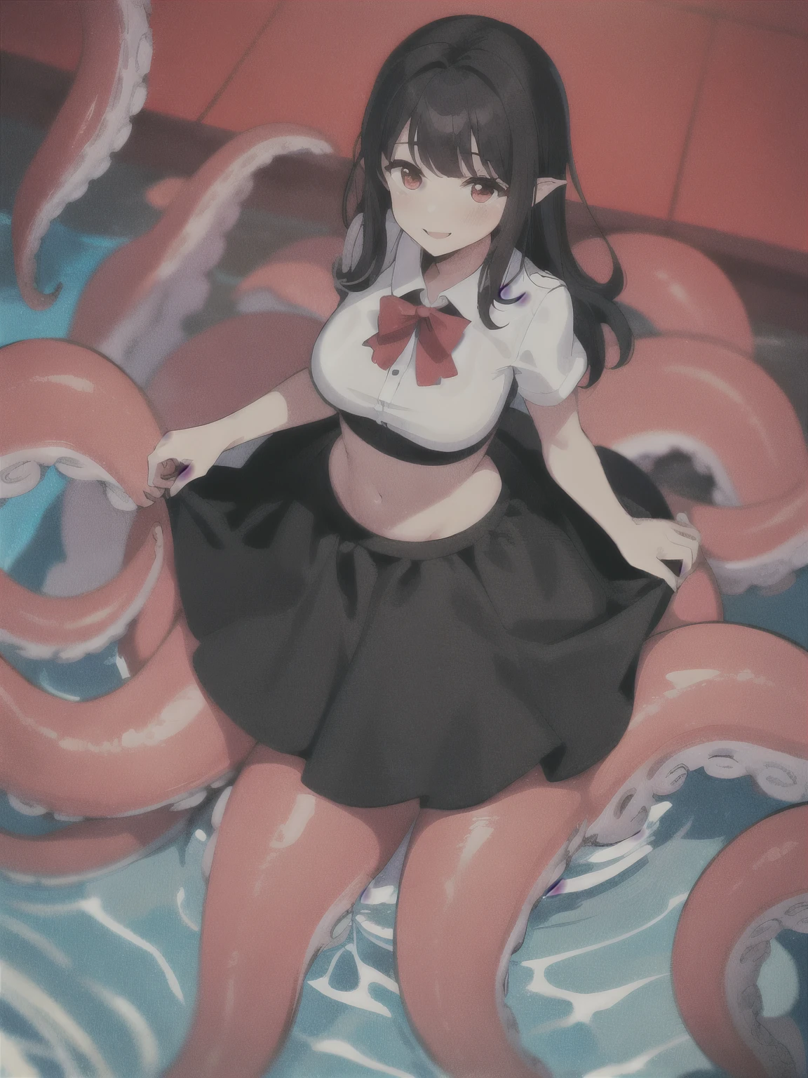 1girl with short black hair and a crop top, Scylla, masterpiece, best quality, in a pool, long hair, light smile, large breasts, skirt, red eyes, full body, octopus beak, octopus mouth