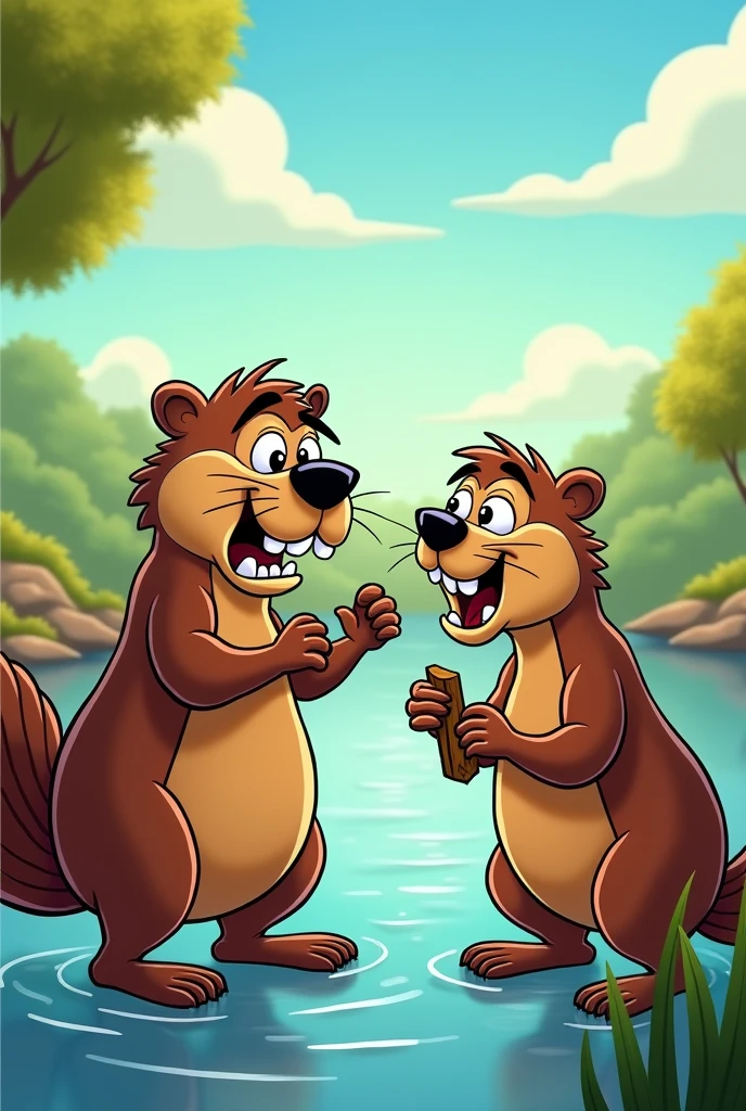 Draw a beaver talking angrily to another beaver and that same beaver not giving importance to the matter in a cartoon style as a drawing