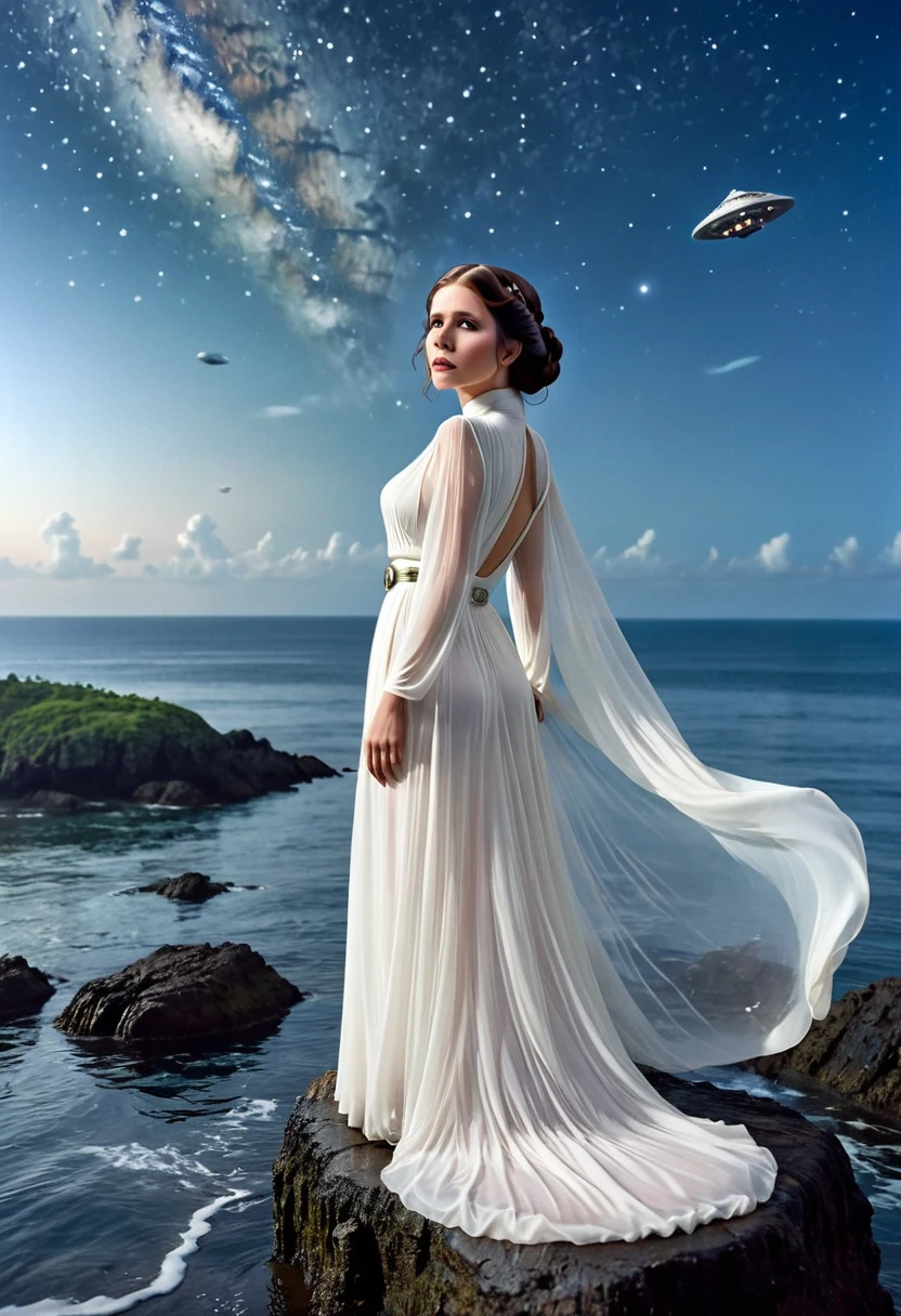 Princess Leia (age 25, airy sheer white elegant gown), camera low looking up at her butt and a starry sky, a few tiny space ships fly across the sky, lush ocean world
