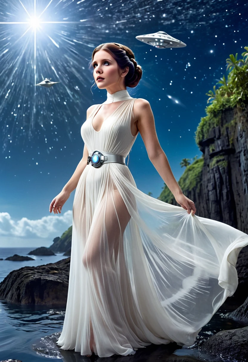 Princess Leia (age 25, airy sheer white elegant gown), camera low looking up at her butt and a starry sky, a few tiny space ships fly across the sky, lush ocean world