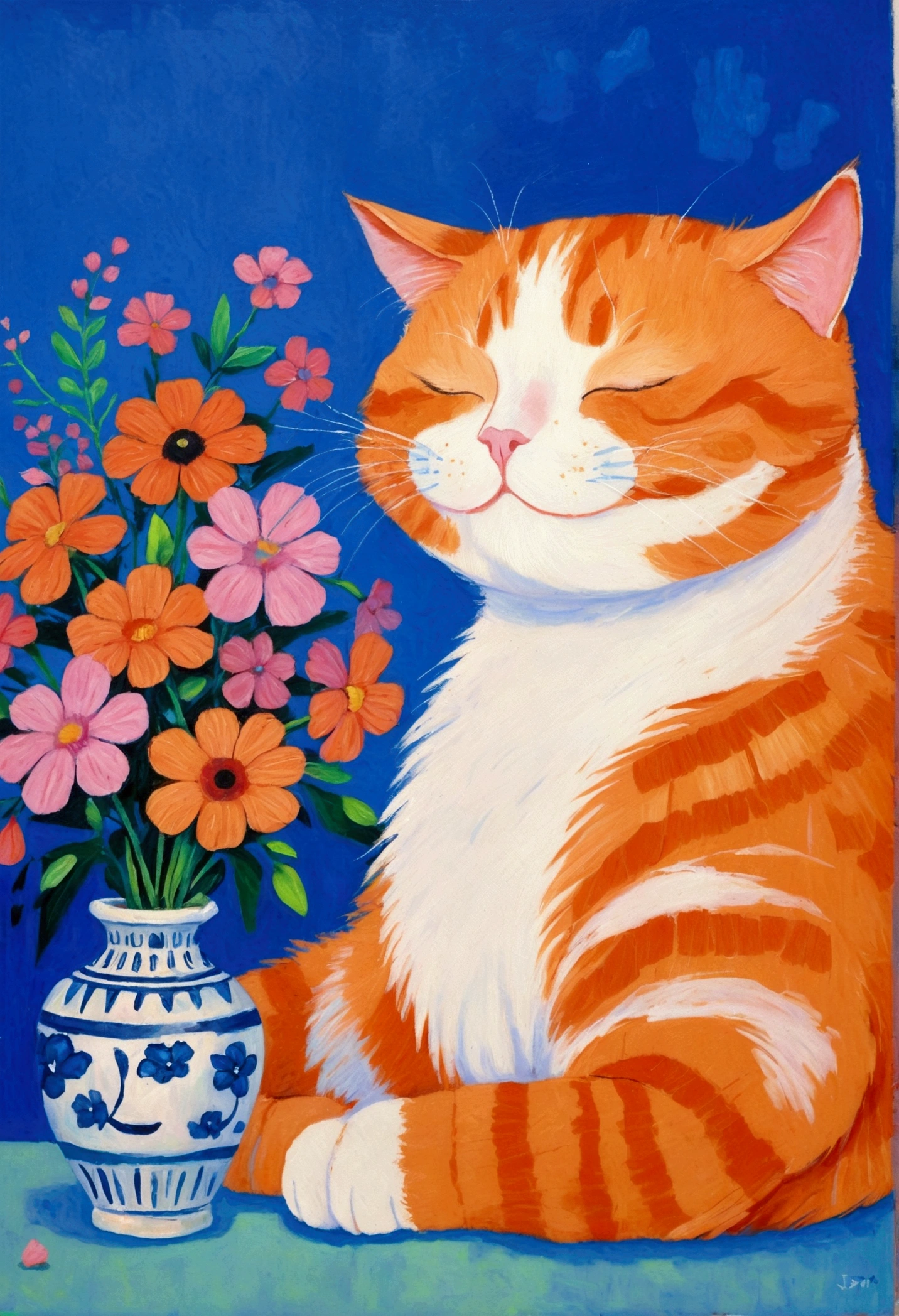 A drawing of a happy orange cat sleeping next to a vase of flowers, Acrylic paintings by Shi Tao, Popular on Reddit, realism, The cat is smiling, [ painting ]!!, a A painting of a cat, A painting of a cat, Smiling cat, professional painting，Blue Background
