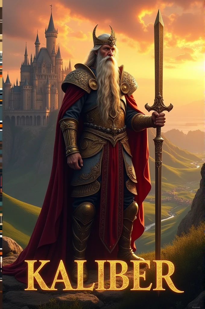 King with beard and sword and word KALIBER underneath