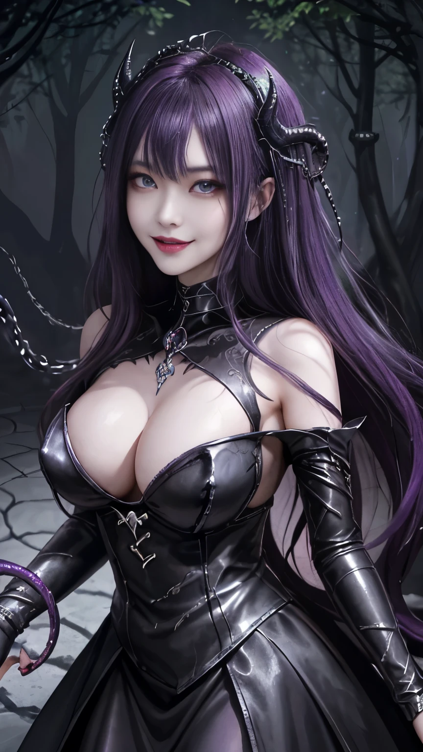 Esoteric arachnids lady, Spider Queen Elise, League of Legends, Esoteric arachnids, Combat Stance, ( body formed from metallic mauveine and metallic black liquid metallic paint twisting into a beautiful interpretation of the female figure), length, Sharp Fangs, nature, ((Complex metallic colors in the foreground)), (( Fluid Mechanics, The most beautiful smooth scale face makeup, Smirking expression)) - Dark blood, Onyxia、Noir painting of a beautiful young witch, length purple hair, dark purple lips, evil, evil female, smile, Black Prom Dress, She is coming to you, close, Bright Blue Eyes, Surrounded by swirling pink smoke, Genuine, Attention to detail, Highest quality、A beastly demon wields a vicious blade, Blood Chain, Behemoth Bones, Snake-like tentacles, Cruel Teeth, Expressions of madness, Oppressive Dungeon. 8K Vision Reveals Fear, Ultra HD detail makes monsters stand out, Grotesque shadows dance, The creature whispers, Stifling atmosphere, Vision problems, Visible Madness. blade, A flash of evil intent shines, reflect (Light) Beyond the Darkness, Elucidate (Sharp details) and、Add a dizzying dimension to the impending chaos.