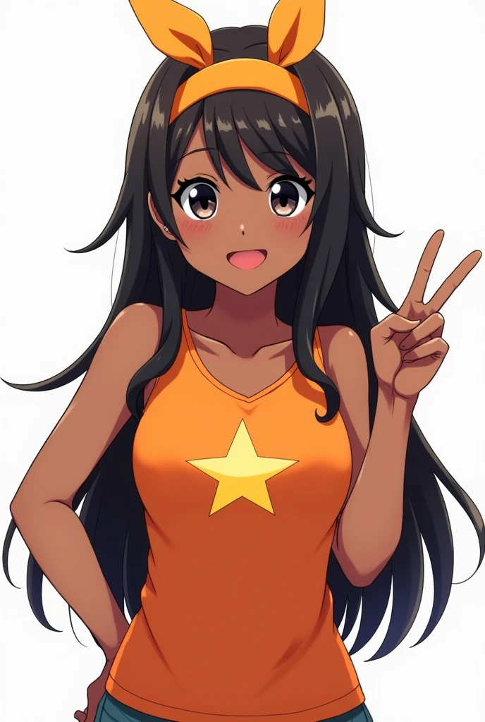 Dark skinned anime girl, long black hair and an orange headband dark eyes, and an orange tank top with a star in the center, with a white background and with the hand like this ✌🏽