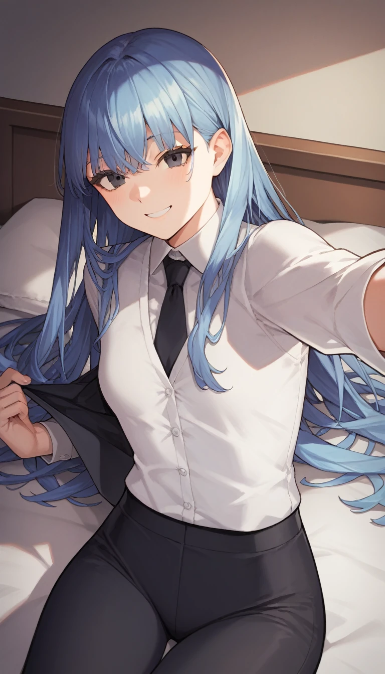 score_9, score_8_up, score_7_up, source_anime, 1girl, black eyes, room, wariza, long hair, feathered bangs haircut, blue hair, smile, portrait, blazer, starshadowmagician, solo, Adult woman, best perfect anatomy, thin, curvy body, flat breasts, curvy body, close up shot on person, a woman showing happy, (lying down, hand between her legs), accidentally selfie, mature woman laying prone on bed, white shirt, black tie, black format vest, Long-sleeved shirt, black trousers, dynamic angle, dark background, night days, hotel bedroom background, 