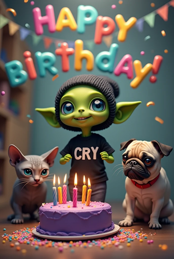 small green male alien with cute face no ears, blue eyes , dressed in a black beanie and a black t-shirt with the name CRY on it and carrying a large purple cake with 25th birthday candles, Realistic and intricate details, accompanied by a gray sphynx cat and a pug dog, with the phrase at the top happy birthday Cri Cri
