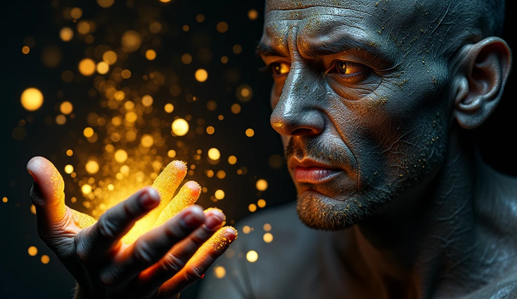 Analogue photography, intense colours, High contrast, loud noise, detailed, fine art, horizontal aspect, abstract scene geometric pattern uniform 3d, low light, very detailed close up, The best quality, perfect composition. A man with cracked black skin, looking at his hands (air, golden glitter, face of astonishment, illuminated face). It is shedding its cracked grey skin, revealing her new skin (piel air, Flat surface) Bajo las grietas de la piel negra agrietada puede verse la piel air brillante . Fragments of black skin floating around the place.