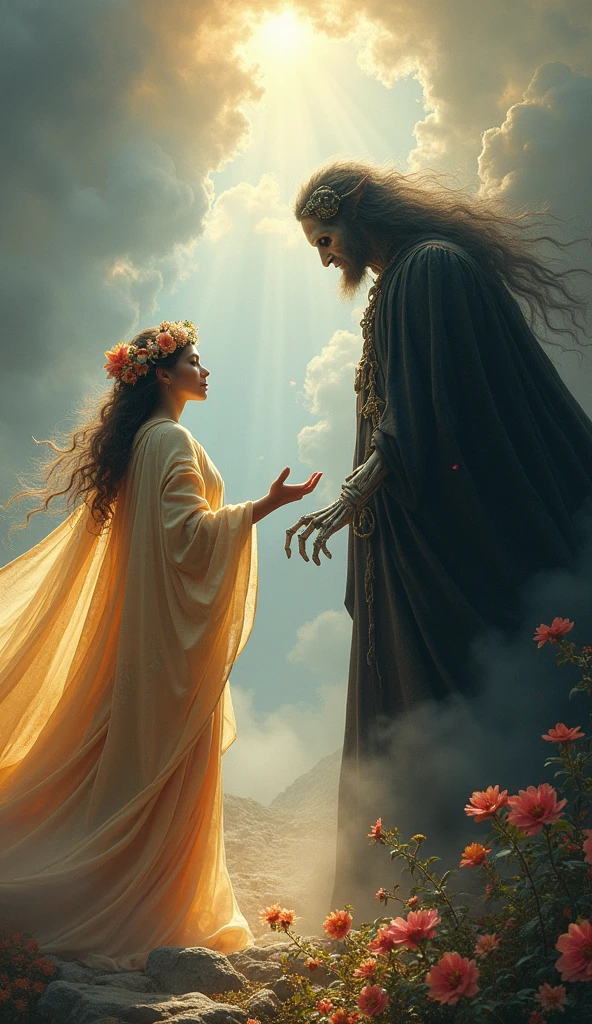 A God of life and a God of death arguing, The god of life should look beautiful but convey an aspect of arrogance while the god of death should be scary but convey an aspect of kindness.