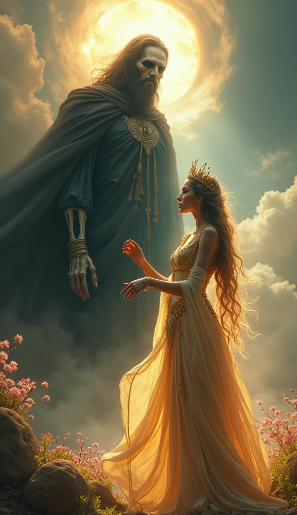 A God of life and a God of death arguing, The god of life should look beautiful but convey an aspect of arrogance while the god of death should be scary but convey an aspect of kindness.
